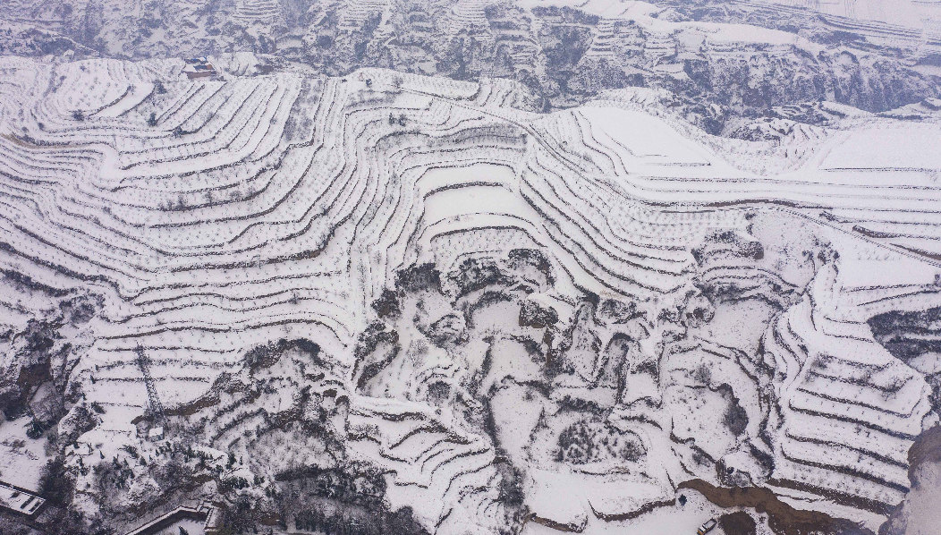 【“飞阅”中国】航拍雪后梯田：银装素裹 美景如画